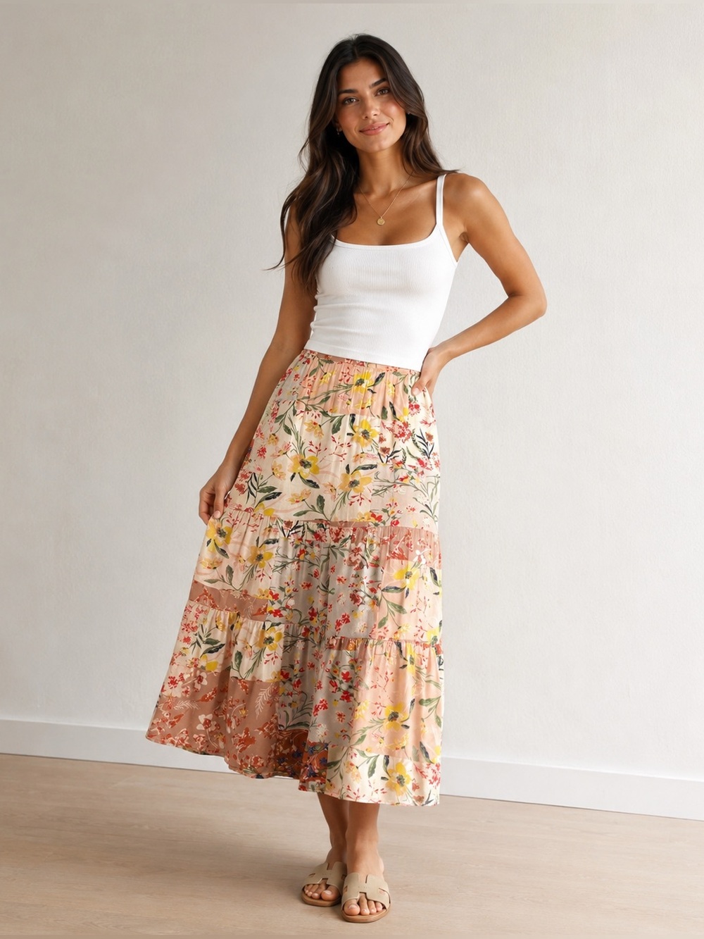T Tahari Floral Tiered Midi Skirt Size S Boho Spring Summer patchwork - Picture 2 of 8